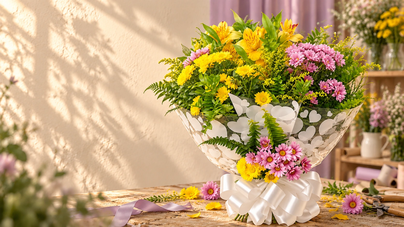 Composição de flores amarelas e lilases em uma bancada de ateliê, inspirada nos trabalhos da Flor do Campo